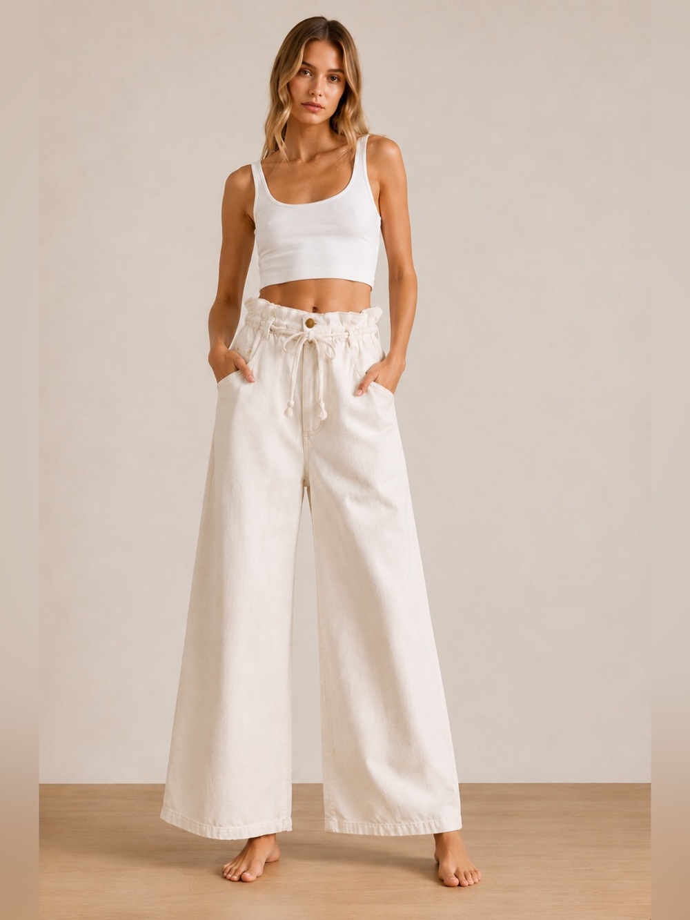 MOTHER SNACKS! The Doggie Bag Ankle Jeans Ivory Paperbag Wide Leg